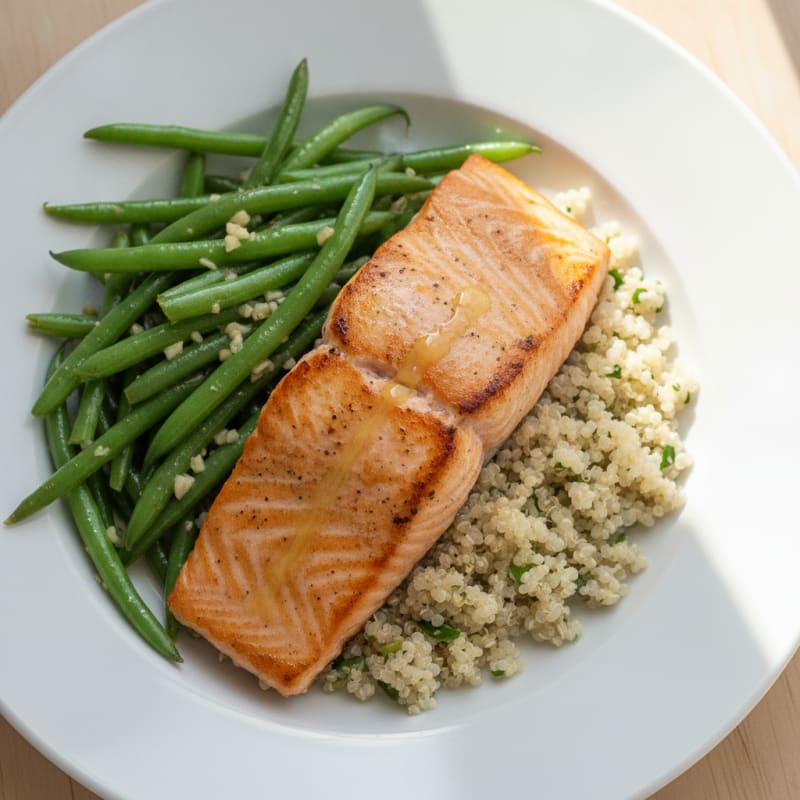 Seared Salmon Fillet with Garlic Green Beans and Quinoa