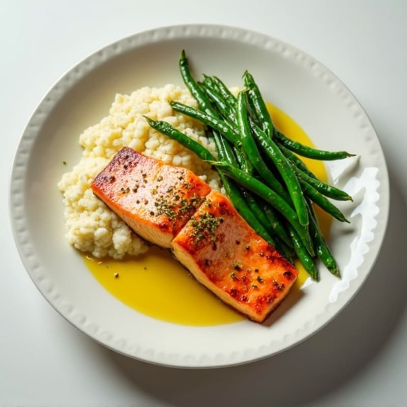 Seared Salmon with Steamed Green Beans and Garlic Cauliflower Mash