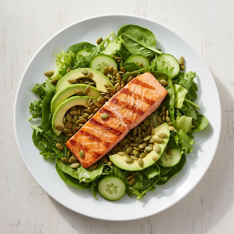Grilled Salmon Salad with Avocado and Seeds