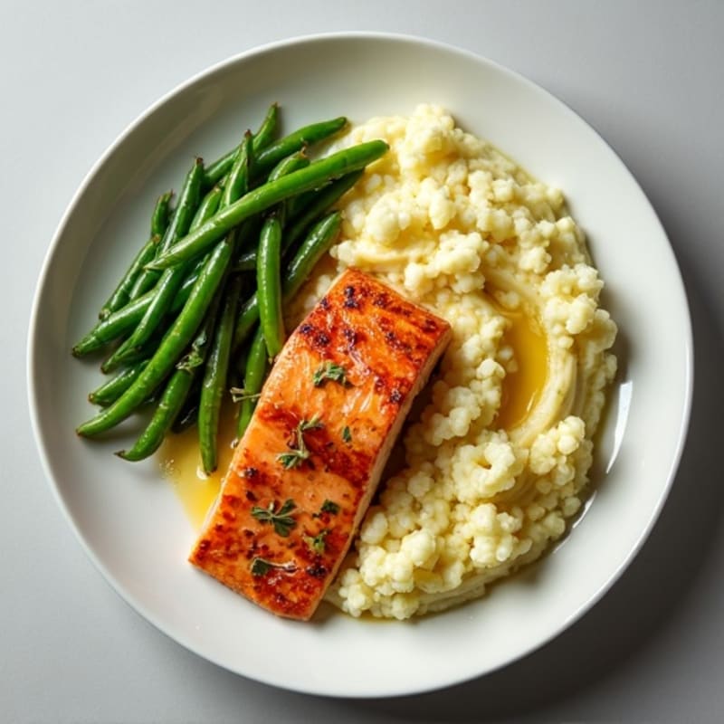 Seared Salmon Fillet with Garlic Green Beans and Cauliflower Mash