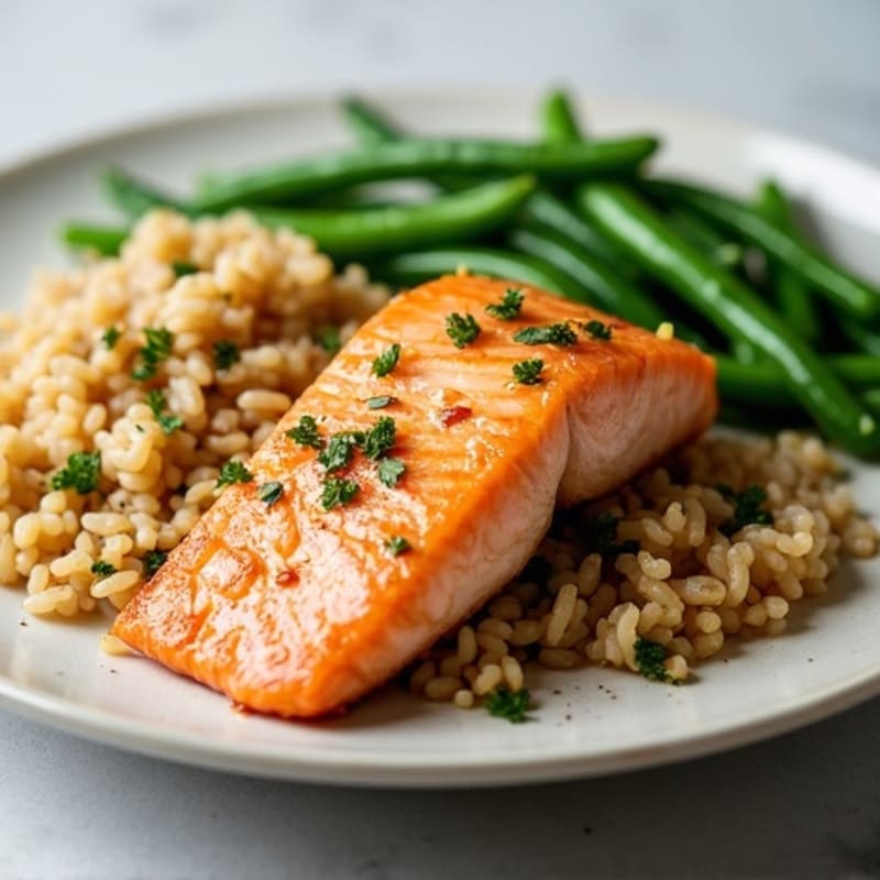 Pan-Seared Salmon with Garlic Green Beans and Brown Rice
