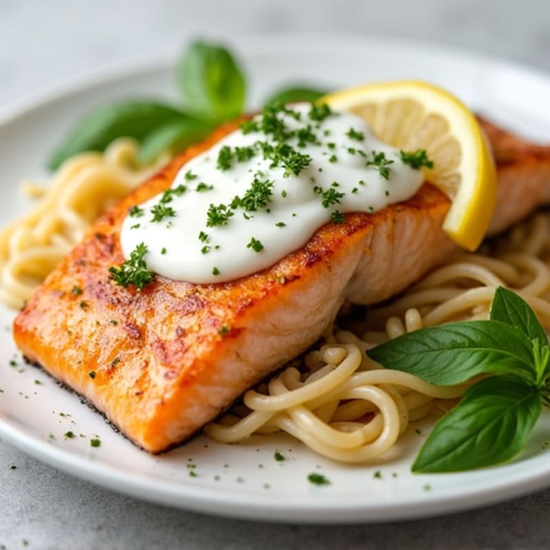 Lemon-Garlic Pan Seared Salmon with Creamy Herb Pasta