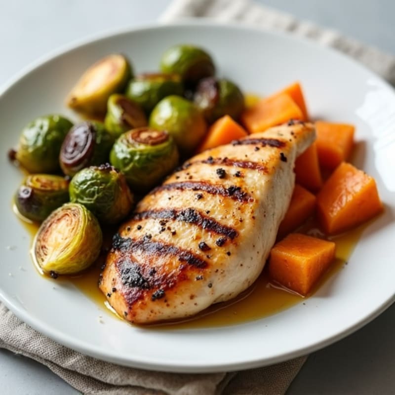 Seared Chicken Breast with Roasted Brussels Sprouts and Sweet Potato