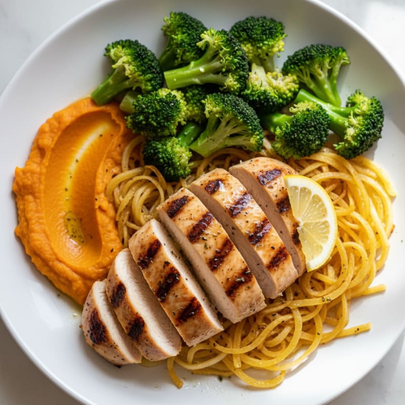 Grilled Chicken Breast with Spaghetti Squash and Steamed Broccoli