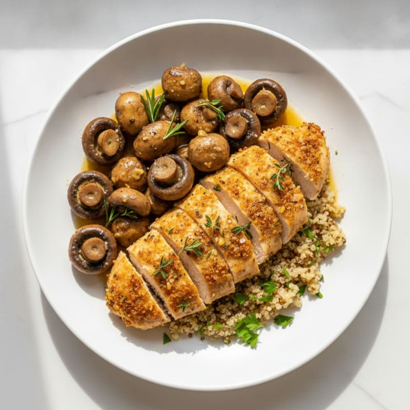 Roasted Garlic Butter Mushrooms with Herb-Crusted Chicken