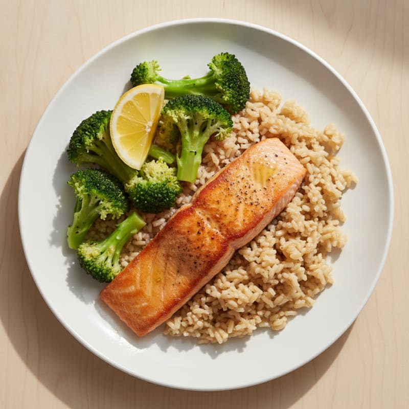 Seared Salmon with Steamed Broccoli and Garlic Brown Rice