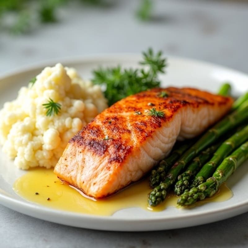 Seared Salmon Fillet with Roasted Asparagus and Cauliflower Mash