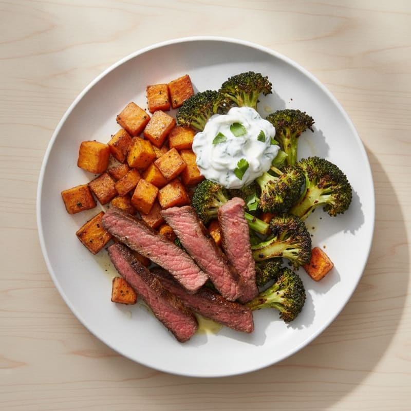 Seared Beef Strips with Roasted Sweet Potatoes and Broccoli