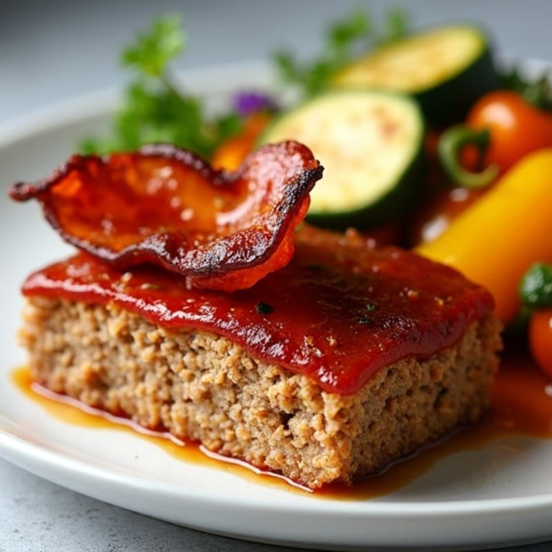 Healthy Lean Meatloaf with Smoky BBQ Glaze, Crispy Bacon, and Roasted Vegetables