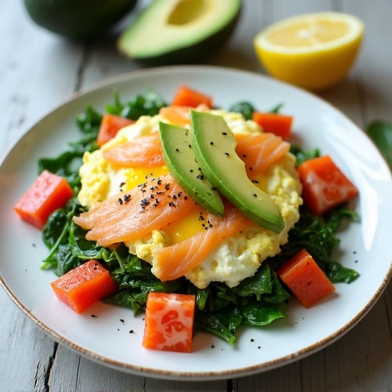 Egg White Spinach Scramble with Avocado & Smoked Salmon
