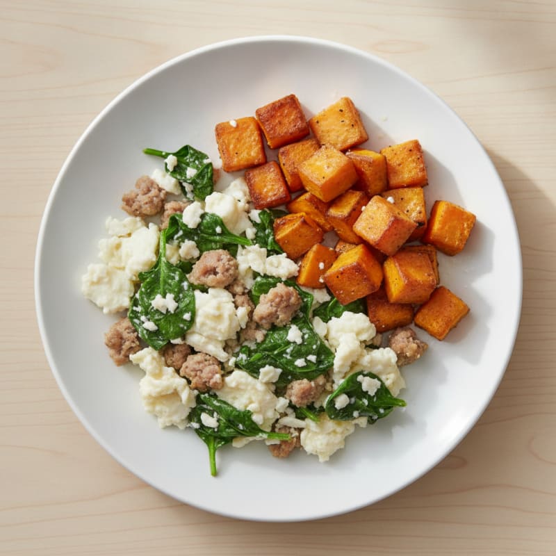 Egg White and Turkey Sausage Scramble with Spinach and Roasted Sweet Potato