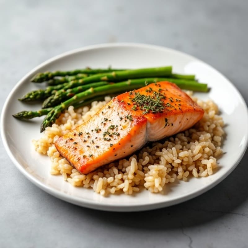 Seared Salmon with Steamed Asparagus and Brown Rice