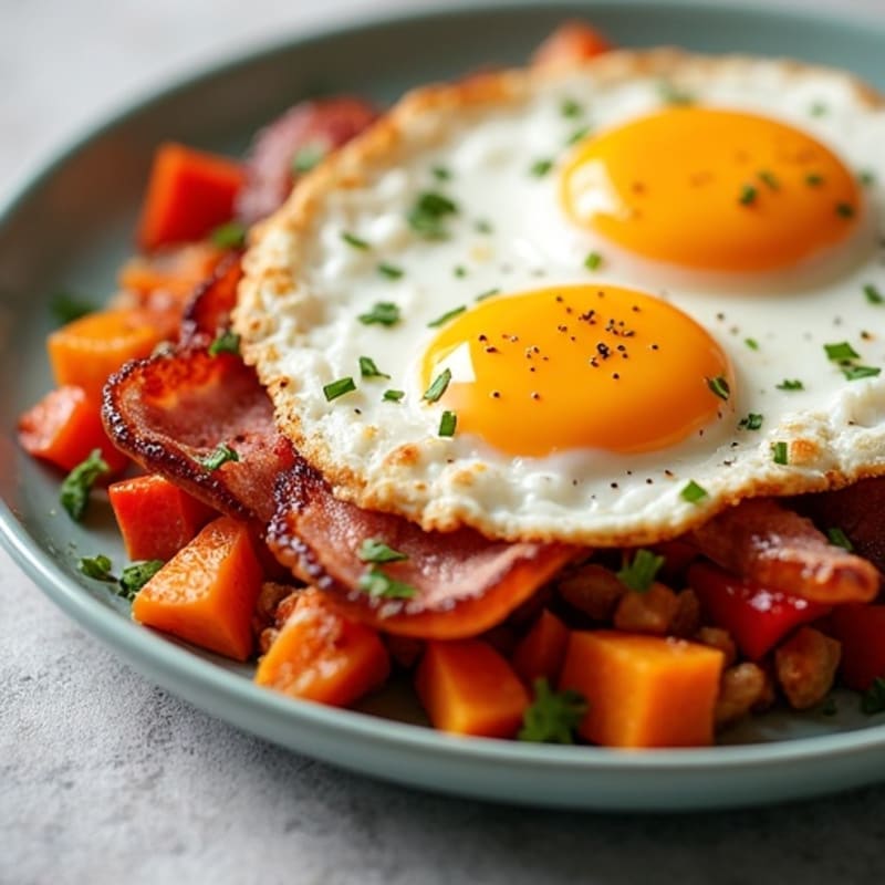 Sweet Potato Hash with Crispy Turkey Bacon and Fried Eggs