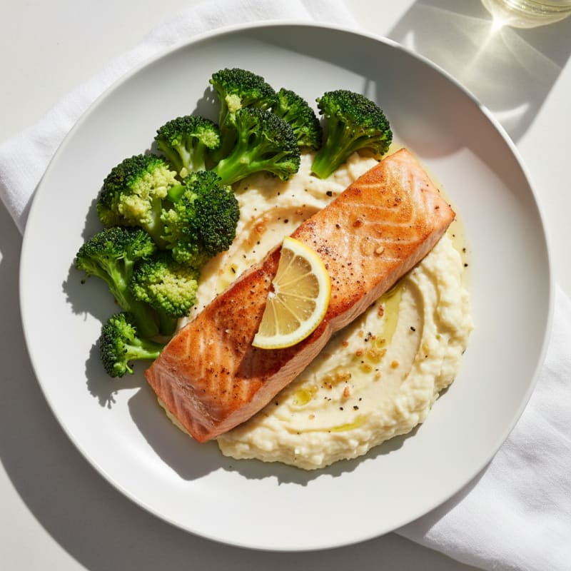 Seared Salmon with Steamed Broccoli and Garlic Cauliflower Mash