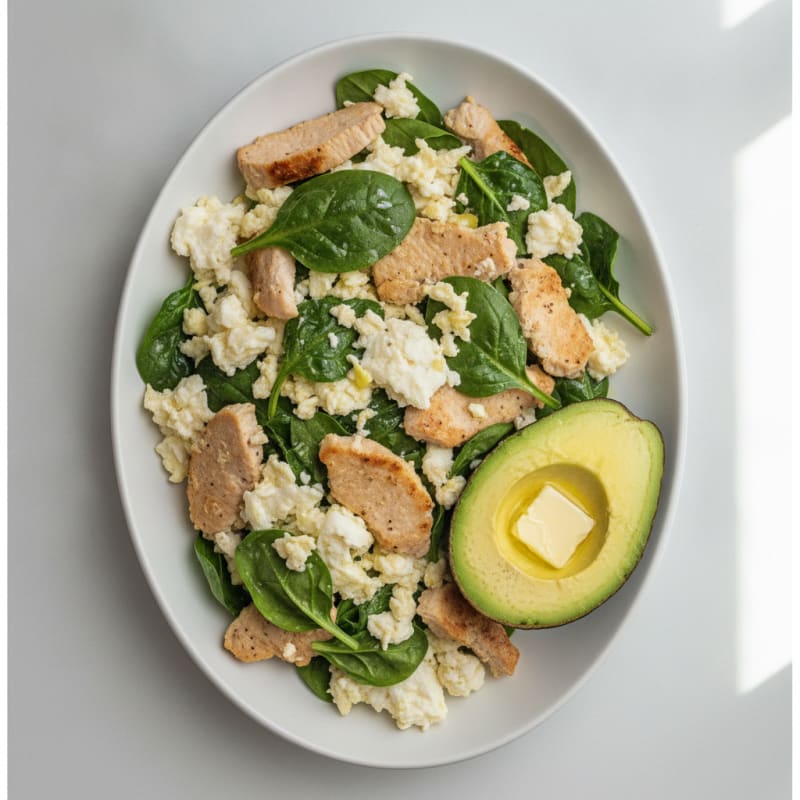 Egg White and Spinach Scramble with Sautéed Turkey Breast