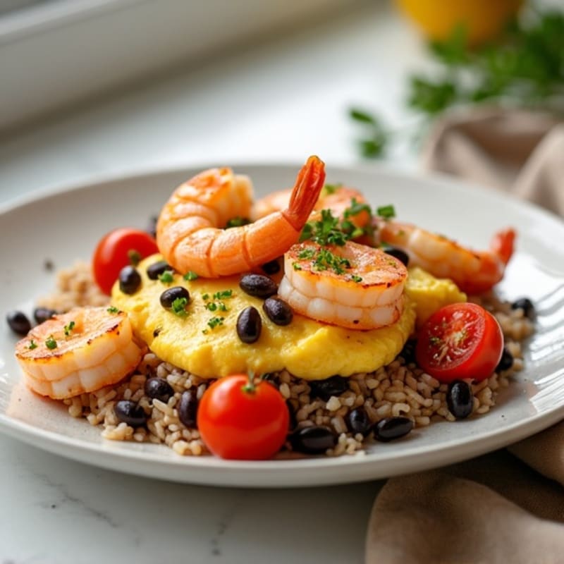 Pan-Seared Shrimp with Creamy Egg, Fresh Tomatoes, and Black Beans over Brown Rice