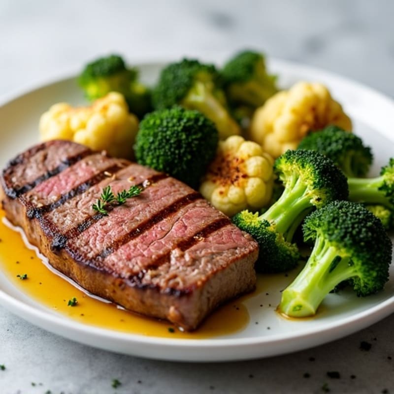 Seared Lean Beef with Roasted Broccoli and Cauliflower