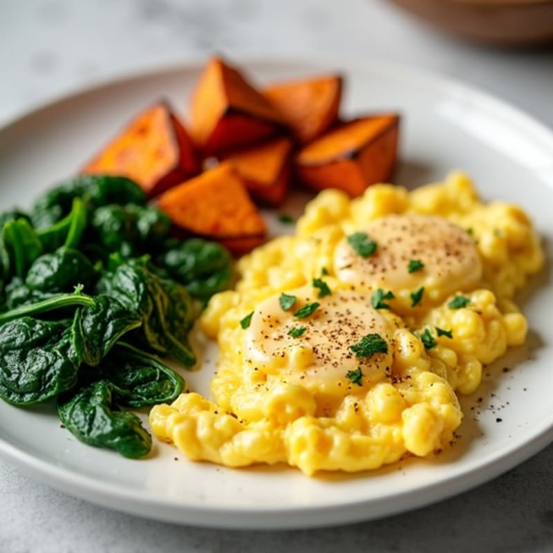 Creamy Scrambled Eggs with Fresh Spinach and Roasted Sweet Potatoes