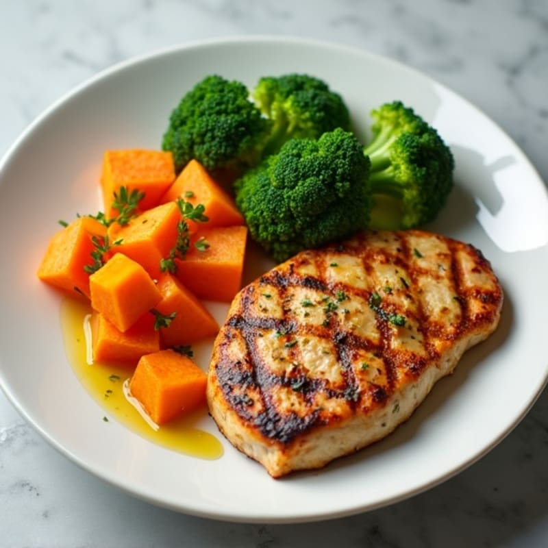Grilled Chicken Breast with Roasted Sweet Potato and Steamed Broccoli