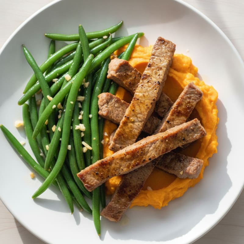 Seared Lean Beef Strips with Garlic Green Beans and Sweet Potato Mash