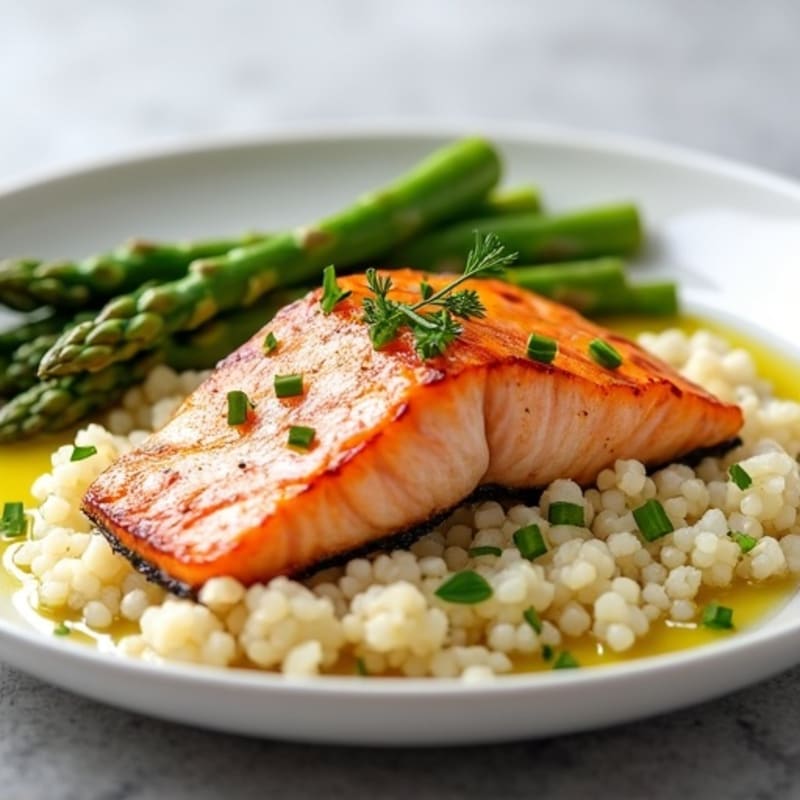 Seared Salmon with Steamed Asparagus and Cauliflower Rice