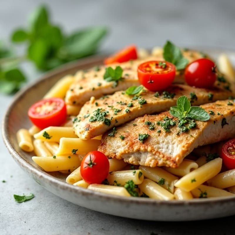 Creamy Pesto Chicken Whole Wheat Pasta with Blistered Cherry Tomatoes
