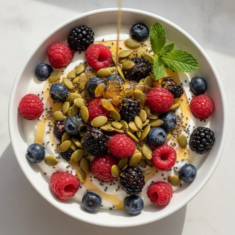 Creamy Greek Yogurt Parfait with Mixed Berries and Pumpkin Seeds