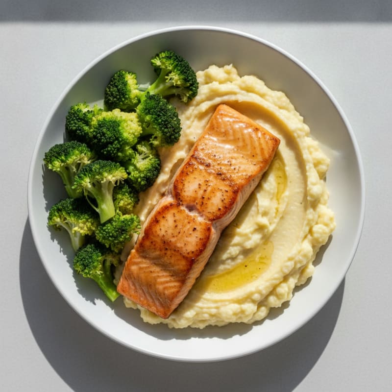 Pan Seared Salmon with Steamed Broccoli and Garlic Cauliflower Mash