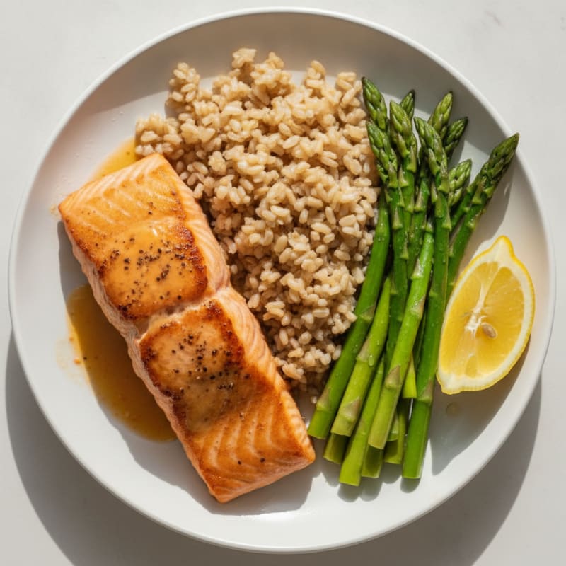 Seared Salmon Fillet with Steamed Asparagus and Brown Rice