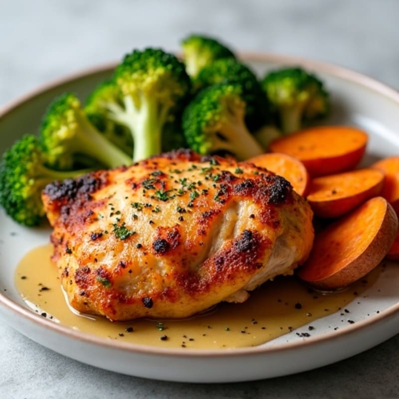Crispy Baked Chicken Thighs with Roasted Sweet Potatoes and Broccoli