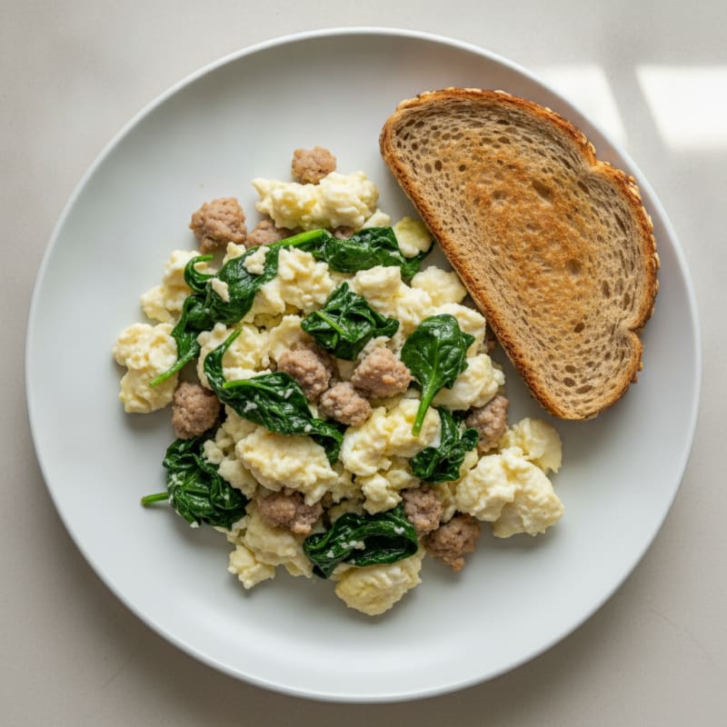 Egg White and Turkey Sausage Scramble with Sautéed Spinach