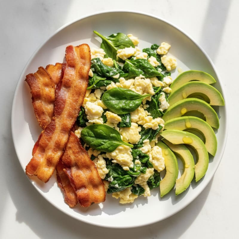 Crispy Turkey Bacon and Egg White Scramble with Sautéed Spinach