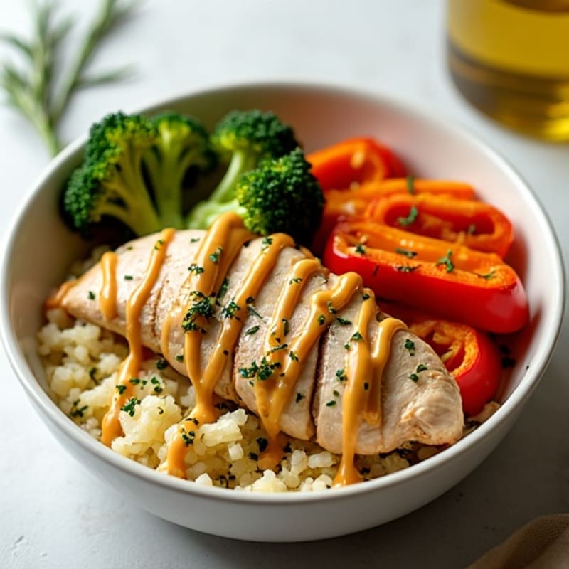 Herb-Roasted Chicken and Vegetable Bowl with Lemon Tahini Drizzle