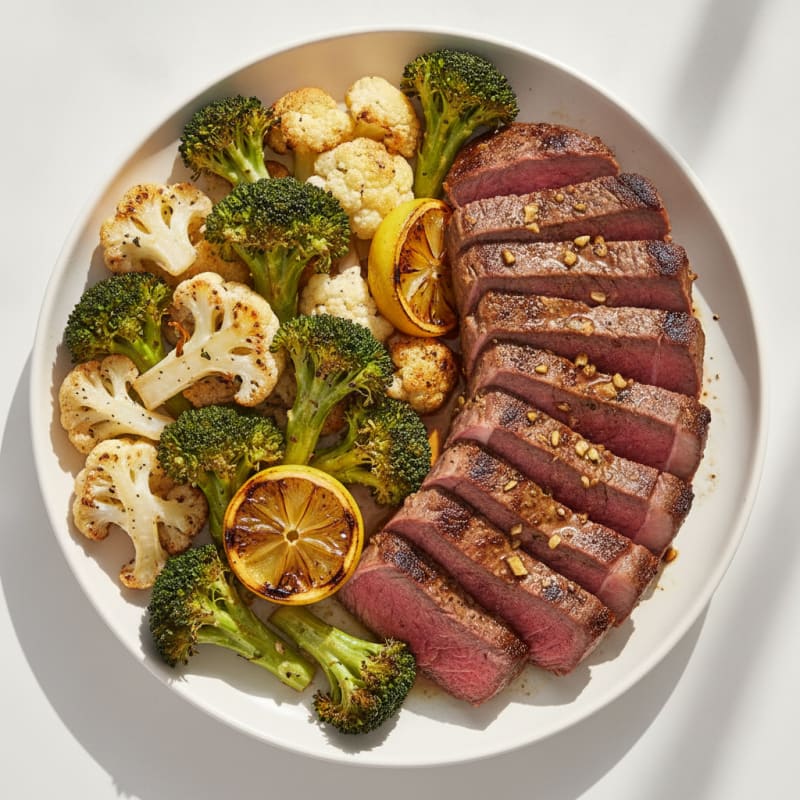 Seared Lean Beef with Roasted Broccoli and Cauliflower