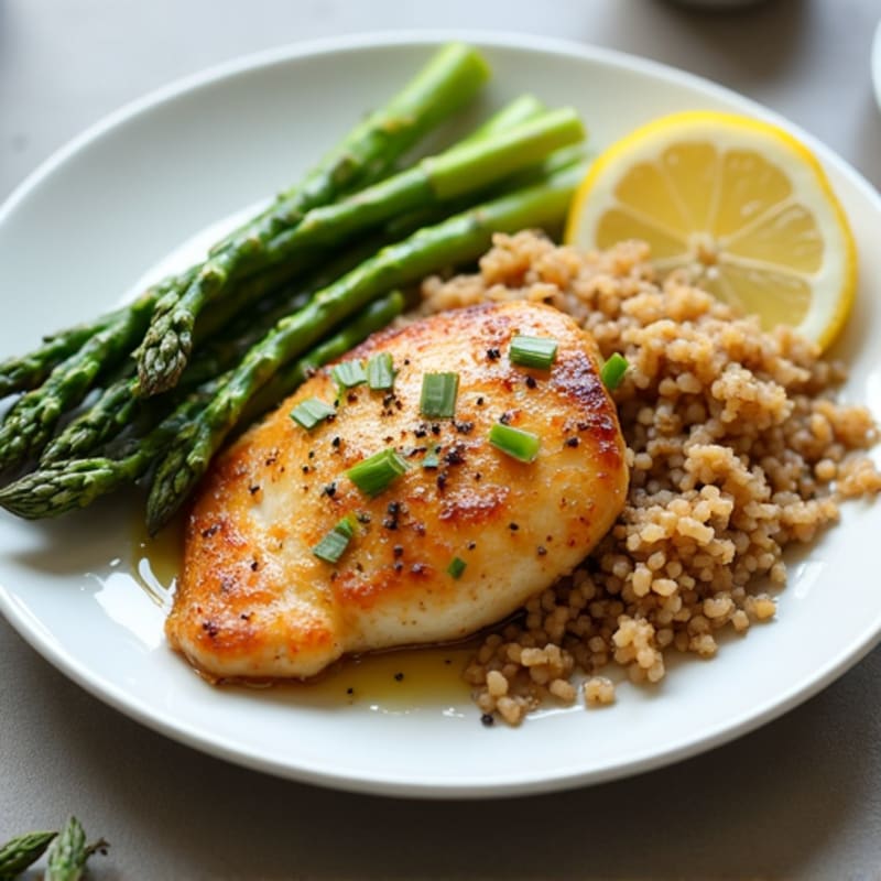 Lemon Garlic Pan Seared Chicken with Asparagus and Brown Rice