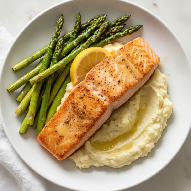 Seared Salmon with Roasted Asparagus and Cauliflower Mash