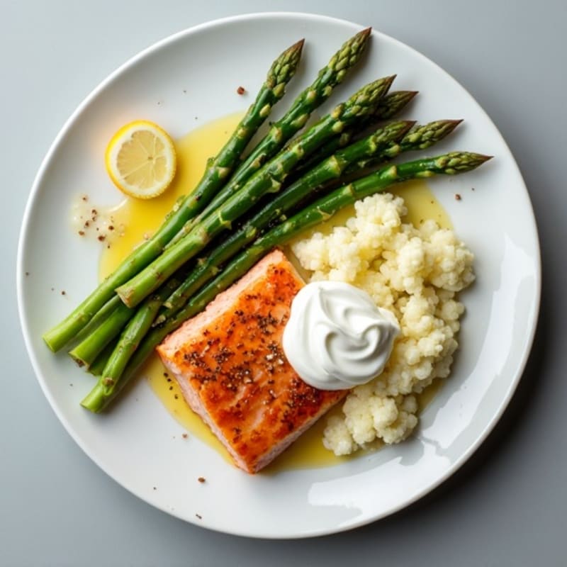 Seared Salmon with Steamed Asparagus and Cauliflower Mash