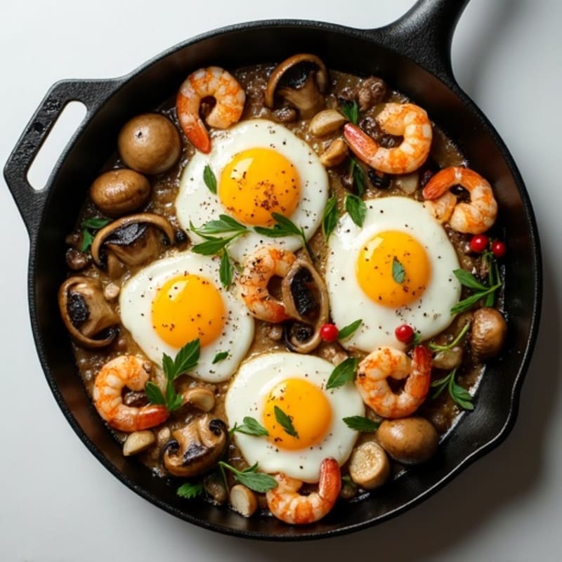 Garlic-Butter Pan Roasted Mushrooms with Shrimp and Poached Eggs