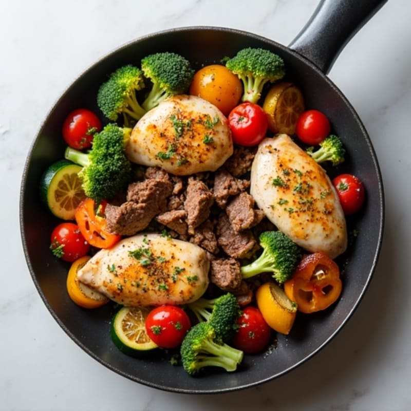 Garlic Herb Chicken and Beef Skillet with Roasted Vegetables