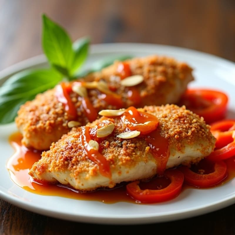 Crispy Baked Sweet and Sour Chicken with Roasted Bell Peppers