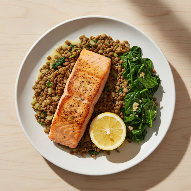 Seared Salmon with Lentil Pilaf and Sautéed Spinach
