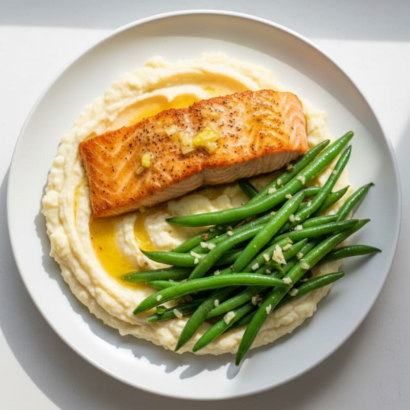 Seared Salmon with Garlic Green Beans and Cauliflower Mash
