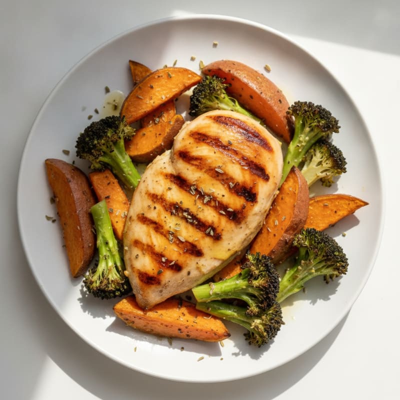 Grilled Chicken Breast with Roasted Sweet Potato and Broccoli