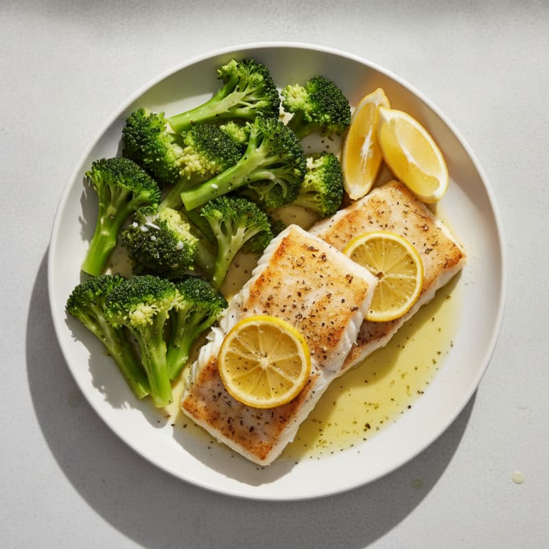 Baked Cod with Steamed Broccoli and Lemon