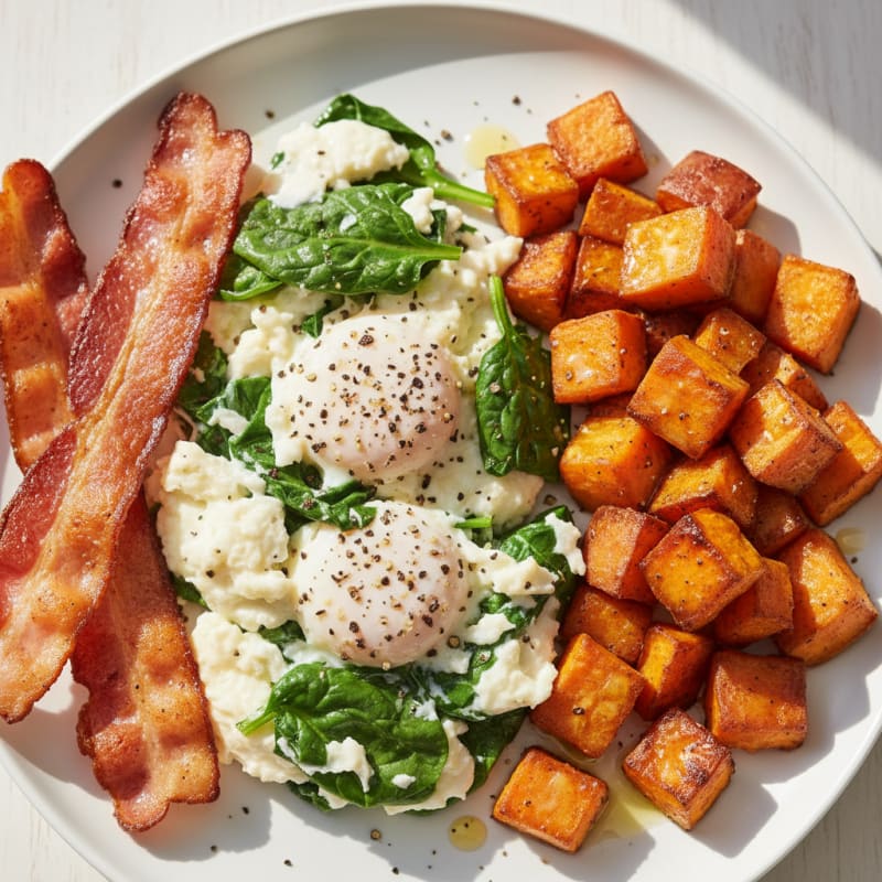 Crispy Turkey Bacon and Egg White Scramble with Roasted Sweet Potatoes