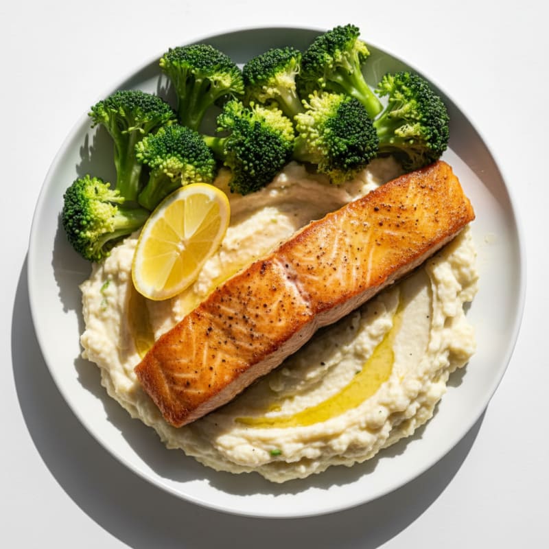 Seared Salmon with Steamed Broccoli and Garlic Cauliflower Mash