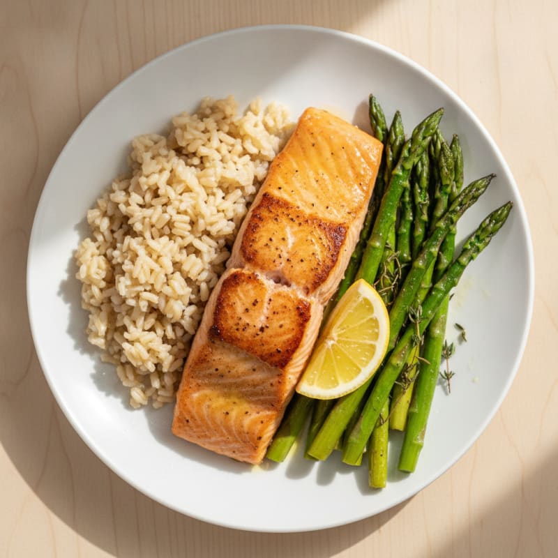 Seared Salmon with Herb-Roasted Asparagus and Brown Rice