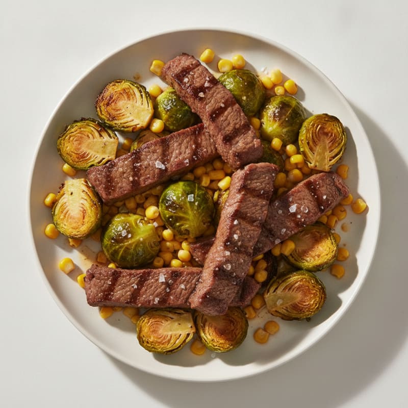 Seared Steak Strips with Sautéed Brussels Sprouts and Corn