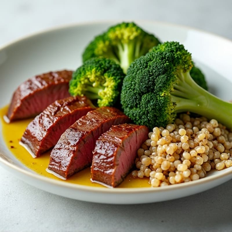 Seared Beef Strips with Roasted Broccoli and Quinoa