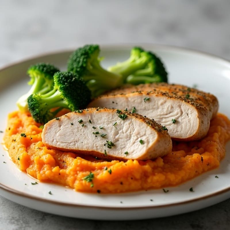Herb-Roasted Turkey Breast with Steamed Broccoli and Sweet Potato Mash